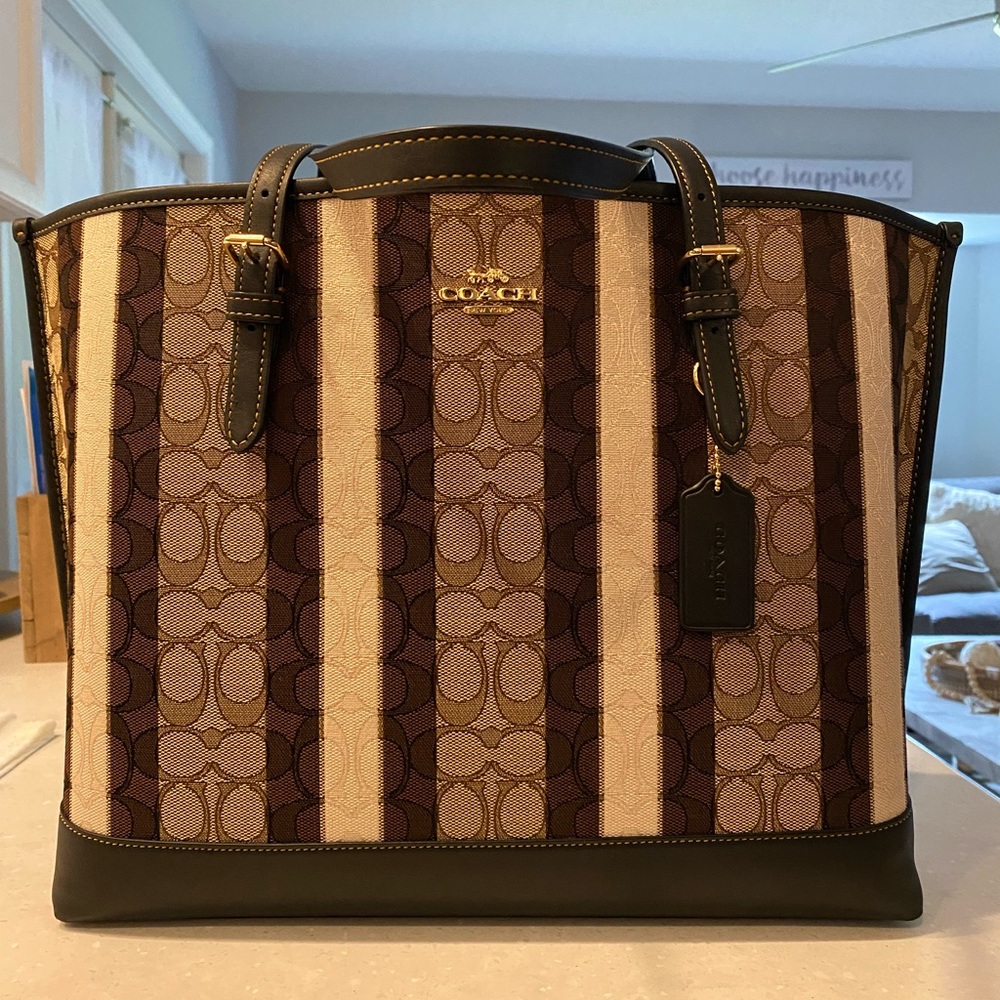 COACH striped Jacquard canvas fabric Mollie shoulder tote handbag